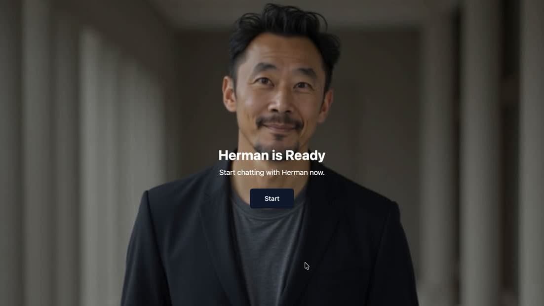 A digital human history guide on screen with a “Start chatting” prompt