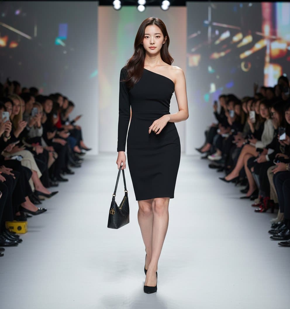 Virtual try-on: the digital human walking a runway in a black dress