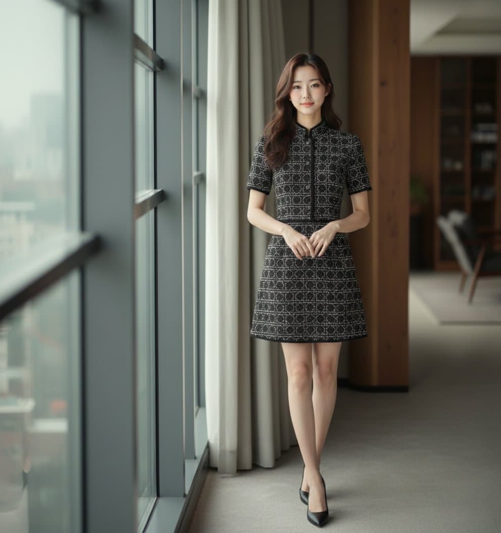 Virtual try-on: the digital human wearing a tweed dress