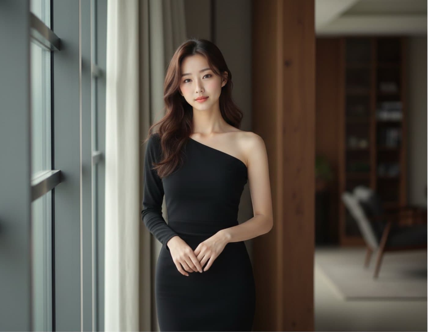 The digital human standing by a full-height window in a black dress