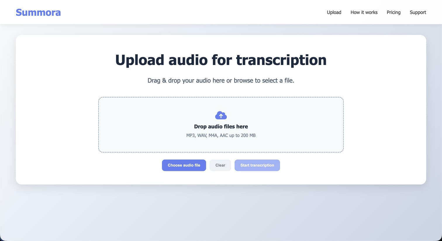 Upload audio for transcription screen