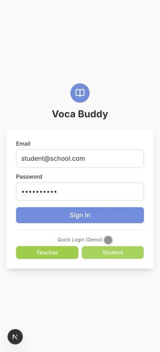 Voca Buddy sign-in screen, student demo