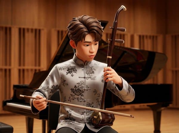 AI portrait of an attendee playing the erhu in a concert hall