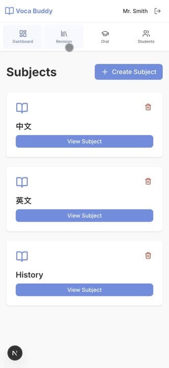 Voca Buddy teacher dashboard listing subjects