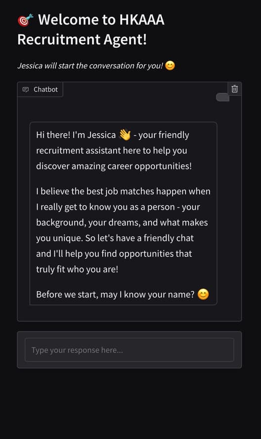Recruitment agent chat: the assistant Jessica greets a job seeker