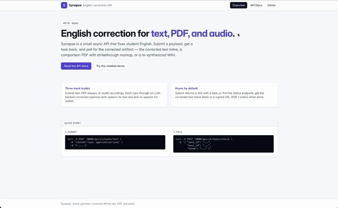 Synapse overview page: English correction for text, PDF, and audio
