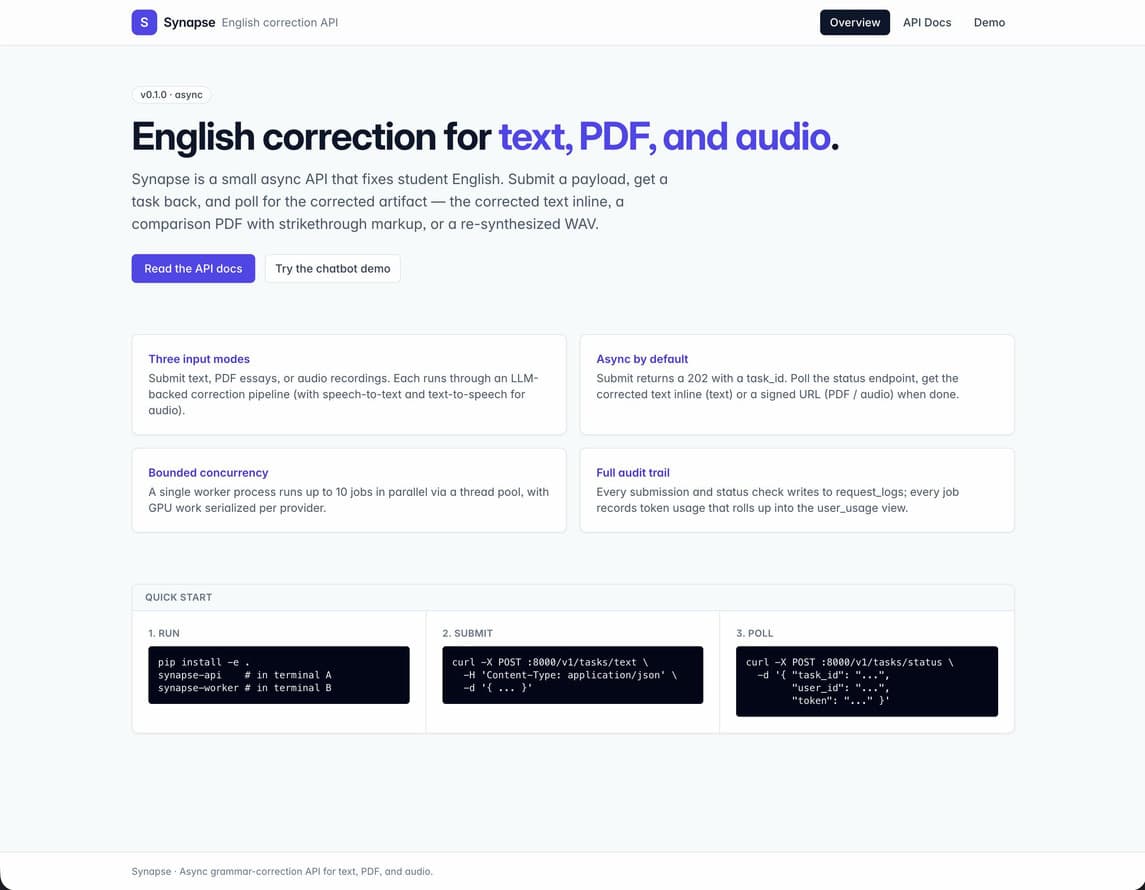 Synapse overview with input modes, concurrency and audit trail features