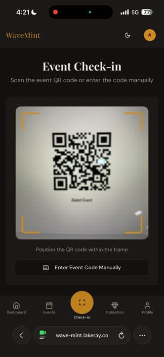 WaveMint mobile app showing the Event Check-in screen