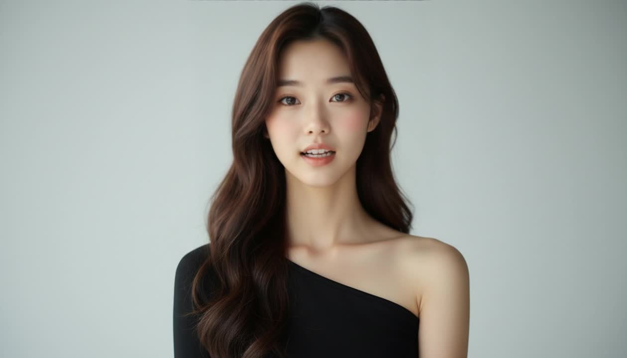 A Lakeray digital human, a photorealistic woman with long dark hair in a black one-shoulder top